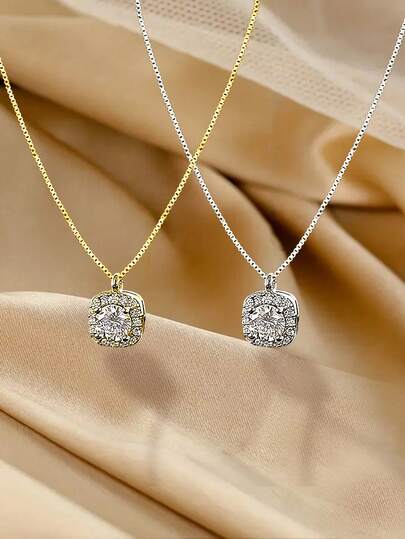 1件S925纯银极简方形锆石吊坠项链，低过敏性，可爱有趣的女孩珠宝礼物，适合周年纪念/生日