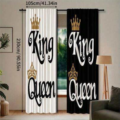 2pcs Crown Print Digital Printing Sheer Curtains, Fade-Resistant Polyester Material, Hand/Machine Washable, Suitable For Bedroom And Living Room Decoration