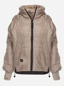 过渡款式绗缝夹克，带帽，袖子上有文字 - 棕色 - 查看 6