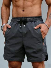 Driftmere 男士快乾透氣 5 吋休閒運動短褲，彈性腰頭附口袋，適合戶外、游泳池、健身運動、跑步，黑色健身短褲 - 灰色 - 查看 2