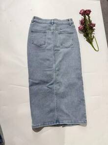 女士休闲优雅长款牛仔裙，开衩设计，中等弹力面料 - 藍色 - 查看 6