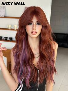 NICKY WALL Tóc giả trùm đầu, highlight tím, tóc gợn sóng dài, kiểu nhung màu rượu vang với mái rẽ, chất liệu tổng hợp, xoăn tự nhiên, chịu nhiệt, thích hợp cho bé gái dự tiệc và sử dụng hàng ngày, dài 28 inch. - Làm nổi bật màu tím - Xem 2