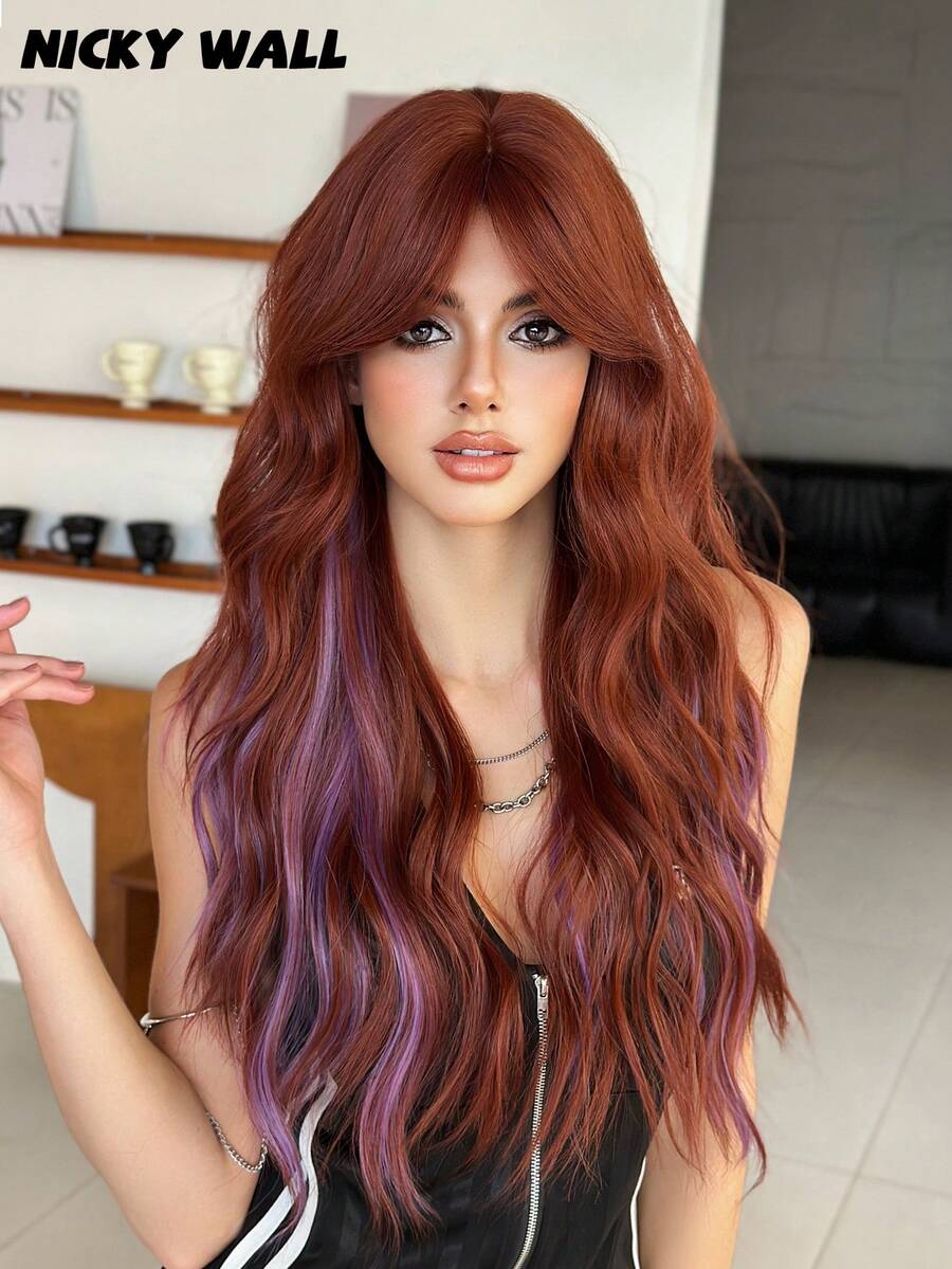 NICKY WALL Tóc giả trùm đầu, highlight tím, tóc gợn sóng dài, kiểu nhung màu rượu vang với mái rẽ, chất liệu tổng hợp, xoăn tự nhiên, chịu nhiệt, thích hợp cho bé gái dự tiệc và sử dụng hàng ngày, dài 28 inch.