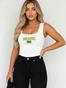 Women's Tank Top Bodysuit With Square Neckline, Brazil, South America, Printed, Chic, Elegant, Basic, Versatile, - 白色 - 查看 1