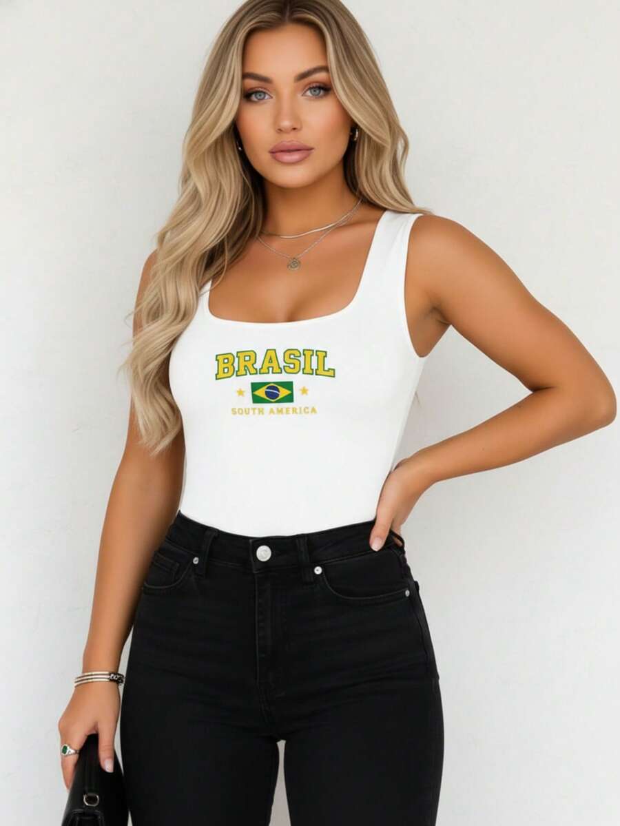 Women's Tank Top Bodysuit With Square Neckline, Brazil, South America, Printed, Chic, Elegant, Basic, Versatile, - 白色 - 查看 1