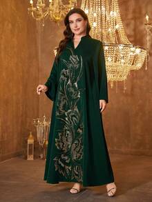SUPGIR 大码女式圆领长袖亮片拼接缎面优雅晚礼服 春季 - 墨綠色 - 查看 4