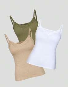 Set Of 3 Padded Blouses With Lace Detail, Plain Print, Basic Everyday Wear - 白色 綠色 米色 - 查看 1