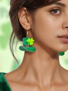1 Đôi bông tai hình cỏ bốn lá và mũ bằng acrylic màu xanh lá cây chủ đề Ngày Thánh Patrick, trang sức dự tiệc ngày lễ dành cho nữ - màu xanh lá - Xem 1