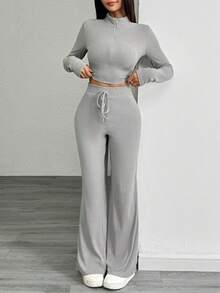Set de 2 piezas: Top ajustado de manga larga con media cremallera en gris y cinturón ancho & Pantalones de pierna ancha, conjunto de ropa casual y de moda para primavera - gris medio - Ver 3