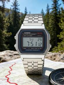 Casio Retro Silber Quadrat Ziffern Uhr Unisex, Y2K Stil Edelstahl Digital Uhr mit LED Licht, klassisches neutrales Modeaccessoire geeignet für den Alltag, Schule, Zusammenkünfte - Schwarz - Übersicht 5