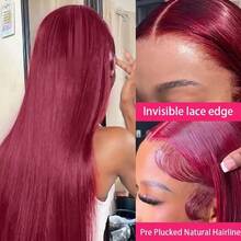 200% Density Burgundy 99J #99J Straight 13*4 Transparent Ear To Ear Lace Front Hair Wig Pre Plucked Pre Bleached Wig Blended Wigs- For Women Natural Hairline With Baby Hair 99J# - SBUG - View 6
