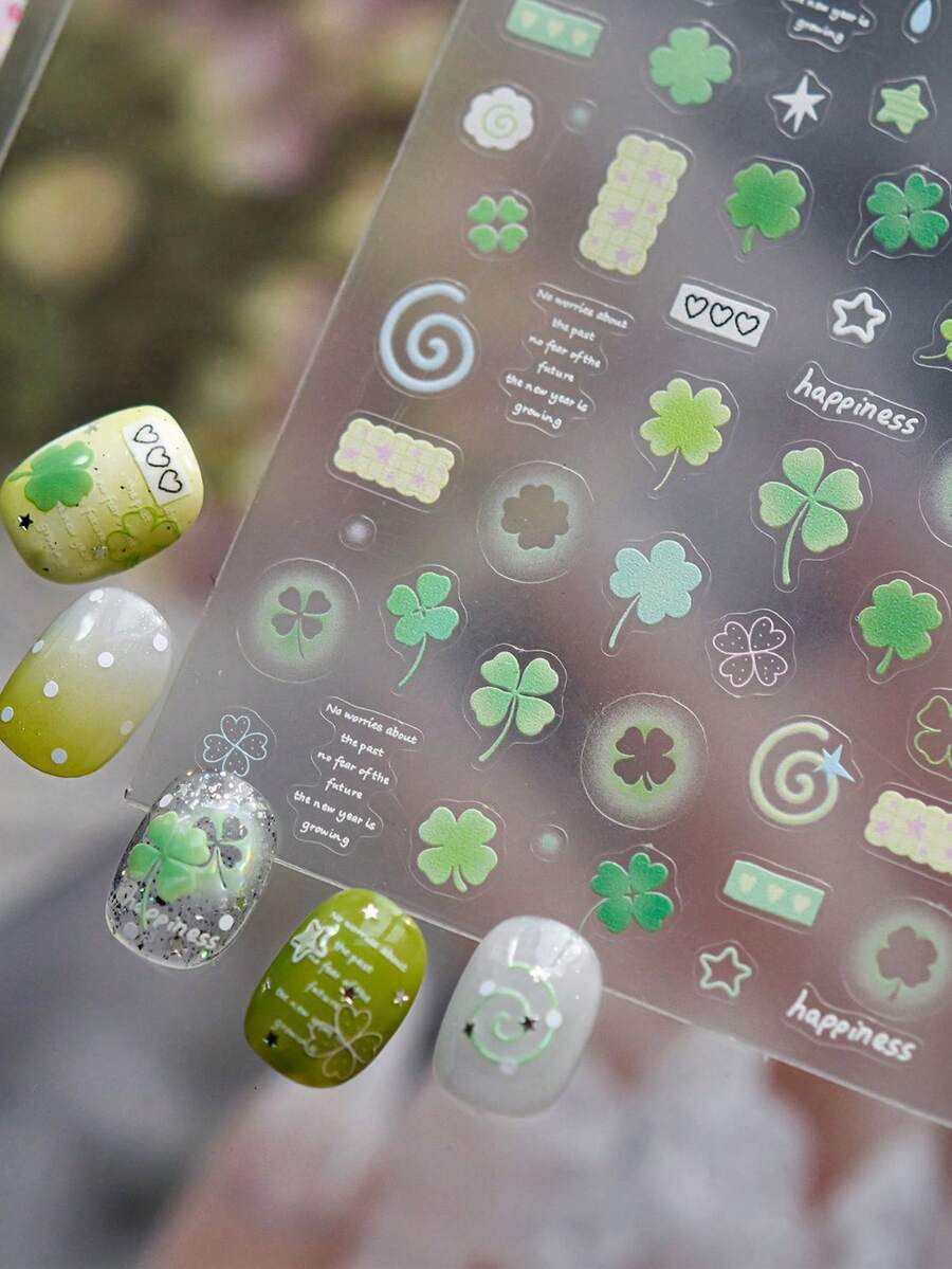 1 adesivo decorativo para unhas com estampa de trevo de quatro folhas, em verde e rosa, de alta qualidade e com um toque de primavera. - Multicolorido - Ver 1