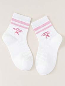 5 Pairs Kids Pink Striped Letter Bow Print Breathable Mid-Calf Socks - Multicolor - View 16