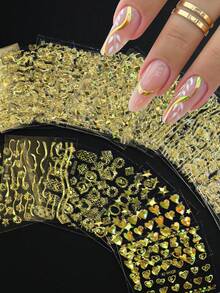 30pcs Bronzing Curved Lines Flowers Nail Sticker Golden Retro Geometry Star Characters Design Charm Decals Manicure Foils Nails Nail Stickers - Gold - View 2