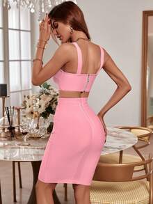 Women's Fashion Summer Sexy Elegant Spaghetti Strap Short Bodycon Two Pieces Set Top And Skirt Bandage Dress Pink Cocktail Party Dress Outfit Clothes - Pink - View 7