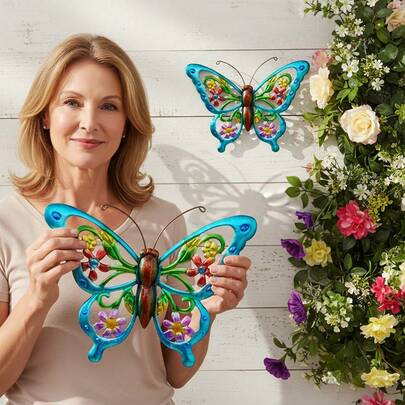 Decoración de pared de mariposa de metal vibrante, escultura de arte de pared de hierro resistente al óxido de 14.2 pulgadas para colgar en exteriores, jardín, patio, balcón, porche, valla - regalo perfecto para familia, amigos, inauguración de la casa y Día de la Madre