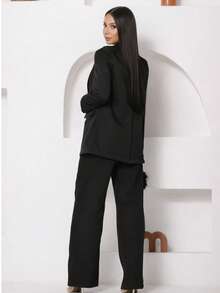 Elegant Women's Tailored Suit With Blazer And Wide-Leg Trousers For Work, Casual, Party, Fabric, Pocket, Button, Zipper. Blazer And Wide-Leg Trousers Set For Baby Shower, Formal Office And Evening, Spring, Autumn. - 黑色 - 查看 3