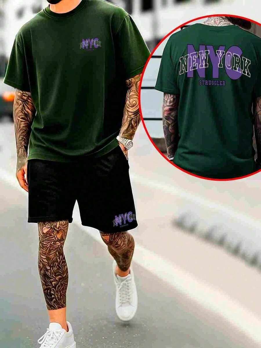 Conjunto Streetwear Masculino Kit Camiseta + Bermuda Moletom Com Estampa Modelo: "NYC" Estilo Tumblr - Lançamento ESPECIAL PROMOCIONAL - Verde Militar - Visão 1