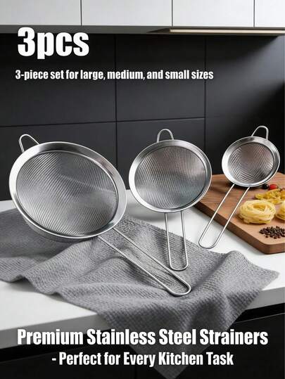3件套不锈钢网状过滤器 - 大/中/小号，奶泡过滤器，蛋清分离器，咖啡滤勺，面粉筛，香料粉筛，茶叶过滤器，粗盐瓶，厨房小工具，烘焙工具，家居礼品，女士佳品