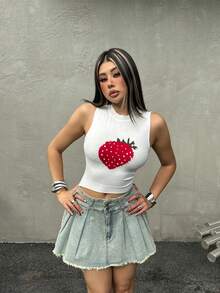 Women's Y2K Strawberry Pattern Ribbed Knit Cropped Tank Top, Cute Retro Summer Casual Wear, Suitable For Rave Festivals And Daily Outings White - White - View 4