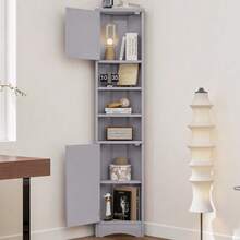 36.5 X 24.5 X 170cm Triangular Bathroom Cabinet, Fully Lacquered, Moisture-Resistant Lacquer, Three Open Shelves, Double Doors, Adjustable Shelves, Space-Saving, Grey - Grey - View 8