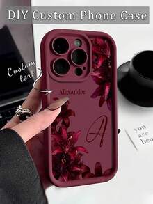 客製化姓名字母手機殼，百合邊框圖案 TPU 加厚防摔全包覆矽膠鏡頭保護殼，適用於 及 17/17Pro/17ProMax/17Air/16/16Pro/16ProMax/15/15Pro/14/13/12/11，個性化禮物 - 酒紅色 - 查看 3