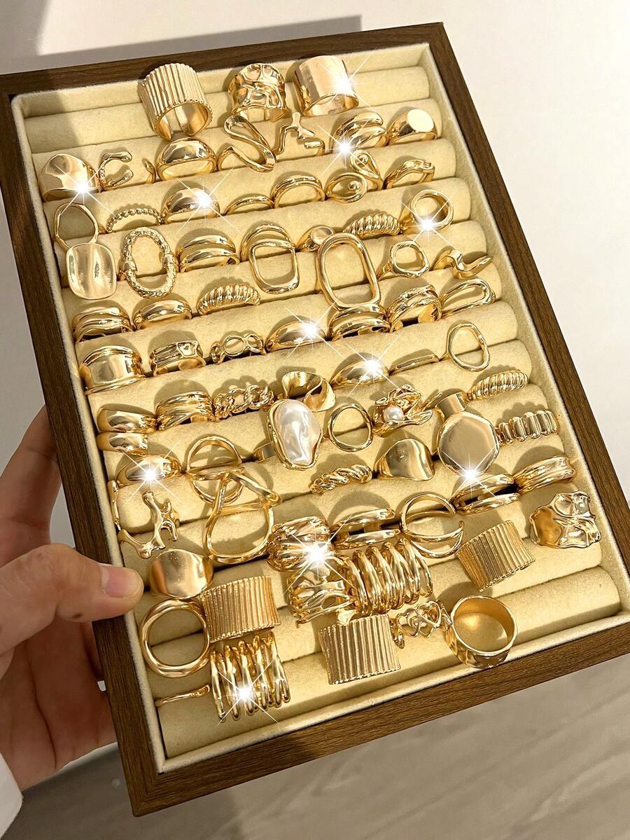 20/10/3件套复古优雅休闲硬币灵感女士金属戒指套装，包含不对称几何镂空心形、珍珠、荷叶边多元素设计，适合日常、休闲、节日、派对、礼品等场合。 - 金色6 - 查看 1