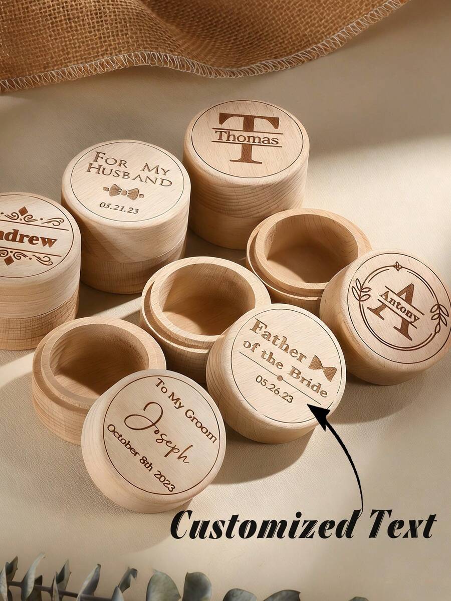 1pc Customized Wooden Wedding Ring Box, Engraved Proposal Ring Box, Unique Gift For Anniversary, Valentine's Day, Birthday, Wedding - Beige - View 1