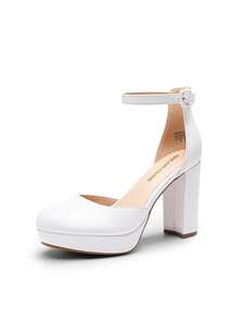 Women's Platform Chunky High Heels Closed Toe Block Ankle Strap Dress Bridal Party Wedding Shoes - White - View 5