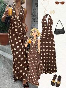 2026 Spring/Summer New Fashion Casual Versatile Daily Vacation Contrast Polka Dot V-Neck Halter Bodycon Maxi Dress, Polka Dot Maxi Dress, Women's Long Summer Dress, Birthday Dress, Women's Birthday Dress, Women's Birthday Outfit, Long Party Dress, Carnival, 2026 Carnival Women's Outfit - Brown - View 2
