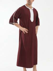 New Arrival Black Loose Casual Muslim Three-Quarter Sleeve Men's Robe, Middle Eastern Leisure Long Robe - Burgundy - View 3