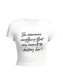 女士圆领短袖T恤 美国辣妹，夏季新款字母印花时尚百搭修身露脐上衣 - 白色 - 查看 3