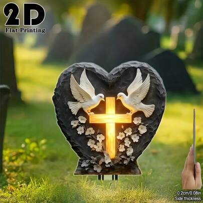 1件2D亚克力白色鸽子带发光十字架纪念花园装饰，户外庭院、草坪装饰，缅怀逝去的亲人，复活节装饰，庭院装饰，和平纪念，高品质工艺，象征性装饰，哀悼之家，无需用电