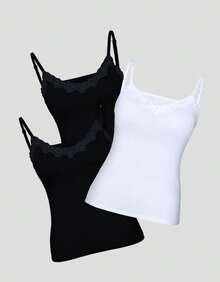 Set Of 3 Padded Blouses With Lace Detail, Plain Print, Basic Everyday Wear - 2 PRETO 1 BRANCO - 查看 1