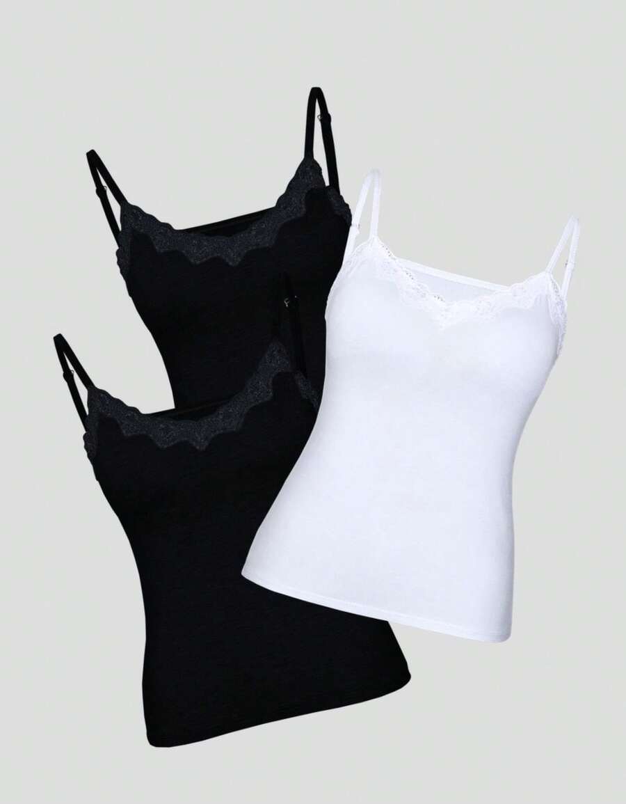 Set Of 3 Padded Blouses With Lace Detail, Plain Print, Basic Everyday Wear - 2 PRETO 1 BRANCO - 查看 1