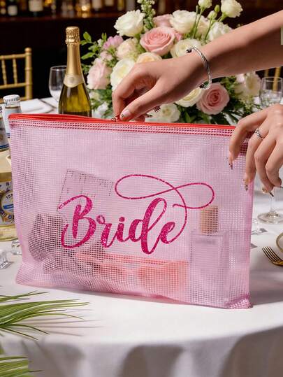 Nuevo bolso de maquillaje y bolso de playa a prueba de agua con estampado de letras coloridas de "Novia", tamaño A4, bolsa de cosméticos transparente con cremallera de nailon, bolsa de maquillaje con cremallera con estampado de novia, regalo personalizado para la novia, adecuado para boda, fiesta de bodas, compromiso, luna de miel, regalo para dama de honor, recuerdo de novia