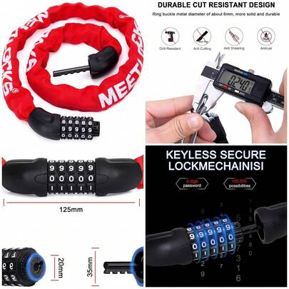 Cerradura de cadena de bicicleta de color rojo, combinación de 5 dígitos de 3.3 pies, bloqueo antirrobo, resistente y reiniciabl