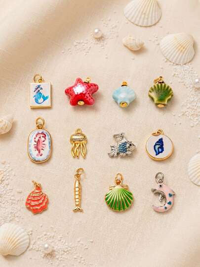1pc INS Fashion Ocean Creature Dolphin, Jellyfish, Golden Dragon Fish, Mermaid, Shell, Pentagram, Seashell Pendant, 18K Gold Plated, Waterproof And Fade-Resistant, DIY Jewelry Accessory, Necklace, Bracelet, Earring, Keychain, Bag, Women Jewelry, Wallet Charm, Pendant, Gift
