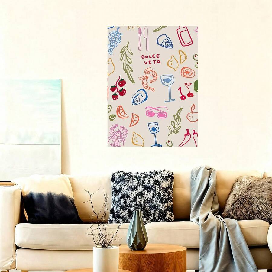 Framed 1pc Vertical Canvas Wall Art - Modern Minimalist Food & Wine Theme With Bold Graphic Design, Vibrant Colors, High Quality & Fade-Resistant Print For Living Room, Bedroom, Office Decor - In China, Dining Room Wall Decor, Bedroom Artwork, Playful Illustration, Colorfast Artwork, Highquality Ink - Framed - 查看 1