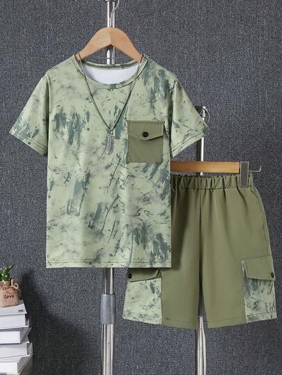 2pcs/Set Boys' T-Shirt & Shorts Set, Round Neck Short Sleeve Knit Patchwork Print T-Shirt Paired With Print Patchwork Pocket Shorts, Suitable For 8-12 Years Old Children Casual Holiday Outfit