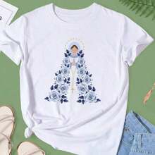 T-Shirt Blouse, Our Lady Of Blue Flowers, Catholic, Patron Saint Of Brazil, Casual Fashion, Plus Size - 白色 - 查看 1