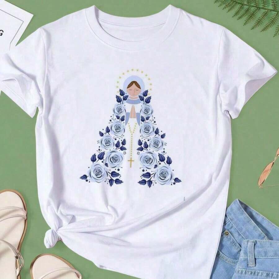 T-Shirt Blouse, Our Lady Of Blue Flowers, Catholic, Patron Saint Of Brazil, Casual Fashion, Plus Size - 白色 - 查看 1