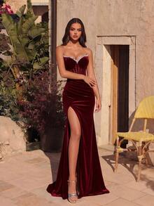 ADYCE Women's Deep V Neck Backless Rhinestone Pleated Front Slit Maxi Party Dress, Formal Gown For Wedding, Prom, Black Elegant Evening Dress Suitable For Wedding Guest, Graduation Ceremony, Banquet - Burgundy - View 3