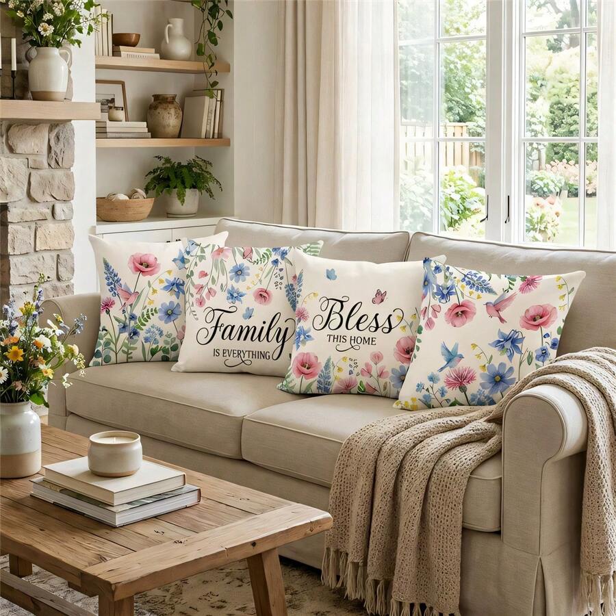 4 件装水彩花卉、蜂鸟、蝴蝶单面印花抱枕套，柔软舒适的涤纶面料，45x45 厘米（17.72x17.72 英寸），带拉链，可机洗，适用于家居装饰、客厅、卧室、门廊、花园、露台、酒店、咖啡馆、户外（仅含抱枕套，不含枕芯） - 彩色 - 查看 1