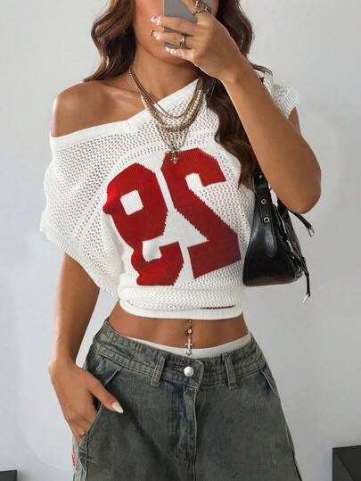 女士新款白色V领镂空网纱数字印花宽松针织无袖背心，运动美式复古休闲Y2K时尚街头跑步骑行健身瑜伽外出上衣，春夏款