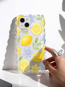 1pc Fresh And Energetic Girl Style Lemon Floral Pattern Wavy Lace Silicone Anti-Drop Transparent Phone Case Compatible With IPhone 11/12/13/14/15/16/17 Pro Max - Multicolor - View 3
