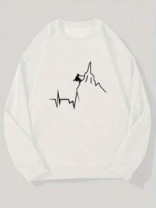 Sudadera Casual de Cuello Redondo para Hombre con Diseño de Escalador y Latidos del Corazón - Corte Holgado, Manga Larga, Blanca con Diseño Negro, Perfecta para Actividades al Aire Libre, Ropa de Exterior|   Sudadera de corte holgado|   Ropa cómoda, suéter/pulóver para hombre, sudadera con capucha para hombre, suéter escolar, traje de entrenamiento de manga larga, y ropa deportiva informal de estilo limpio, tela ligera, ropa de escalada, ropa duradera, top tipo pulóver. - Blanco - Ver 1