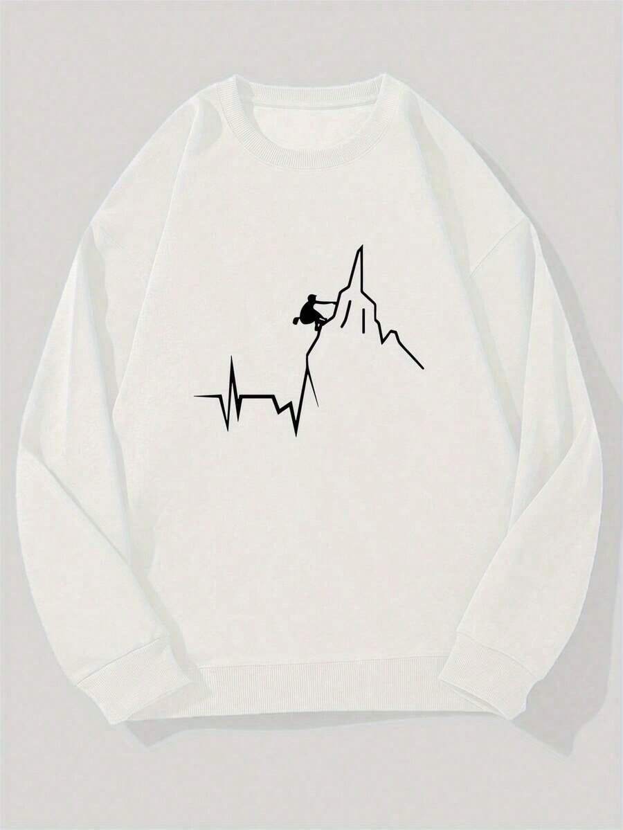 Sudadera Casual de Cuello Redondo para Hombre con Diseño de Escalador y Latidos del Corazón - Corte Holgado, Manga Larga, Blanca con Diseño Negro, Perfecta para Actividades al Aire Libre, Ropa de Exterior| Sudadera de corte holgado| Ropa cómoda, suéter/pulóver para hombre, sudadera con capucha para hombre, suéter escolar, traje de entrenamiento de manga larga, y ropa deportiva informal de estilo limpio, tela ligera, ropa de escalada, ropa duradera, top tipo pulóver. - Blanco - Ver 1