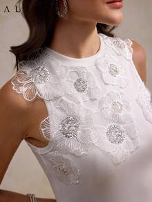 Aliao 优雅亮片 3D 立体花卉蕾丝刺绣无袖上衣，适合婚礼季、情人节、商务休闲、新年、春夏度假、正式场合、优雅女士、海滩、感恩节、毕业典礼等场合，白色 - 白色 - 查看 2