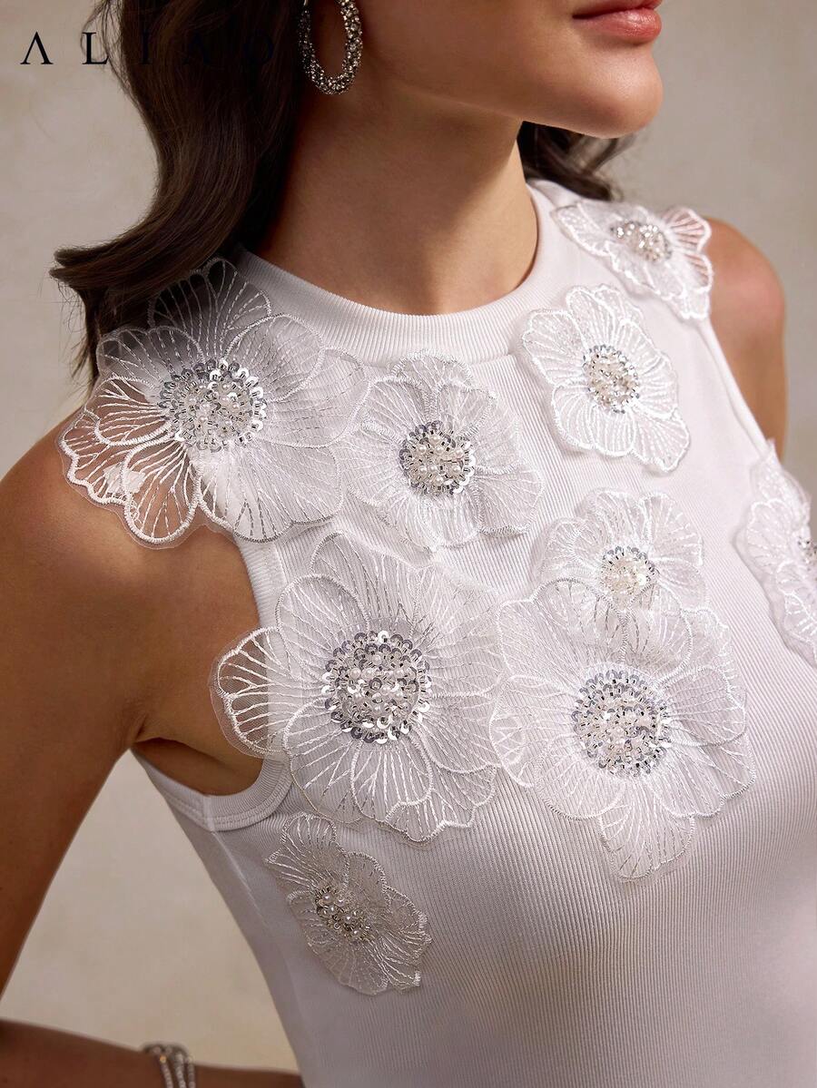Aliao 优雅亮片 3D 立体花卉蕾丝刺绣无袖上衣，适合婚礼季、情人节、商务休闲、新年、春夏度假、正式场合、优雅女士、海滩、感恩节、毕业典礼等场合，白色